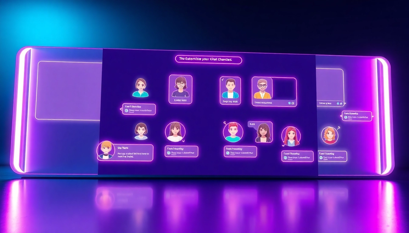 Futuristic digital interface displaying customizable AI chat characters with neon glow effects.
