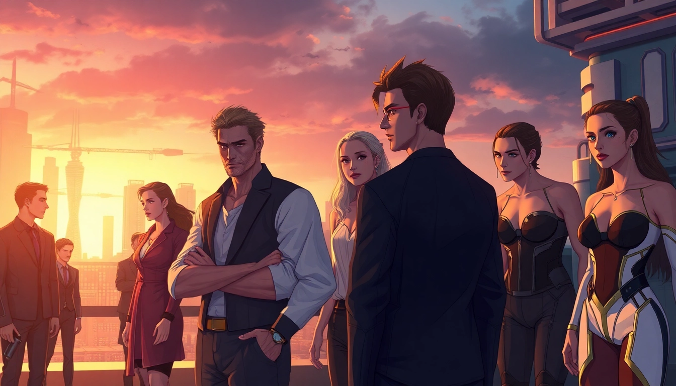 Futuristic society inspired by Omegaverse with diverse characters in a cityscape at twilight