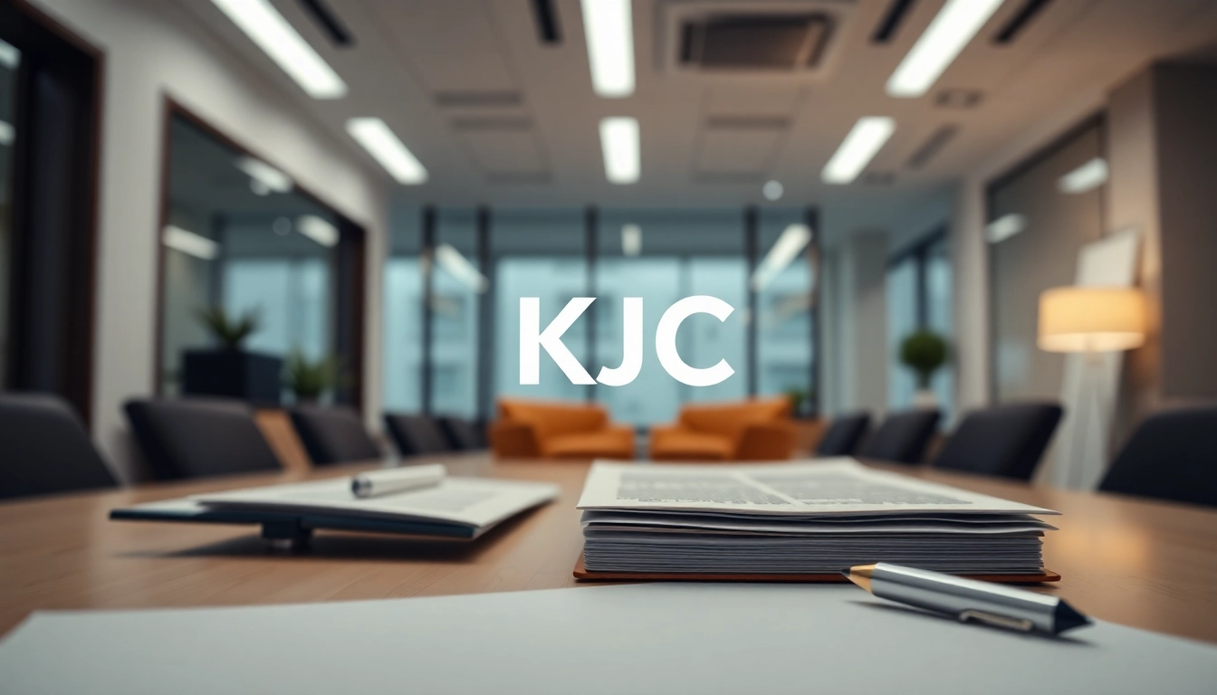 Professional team collaborating on legal documents with KJC branding for legal services and