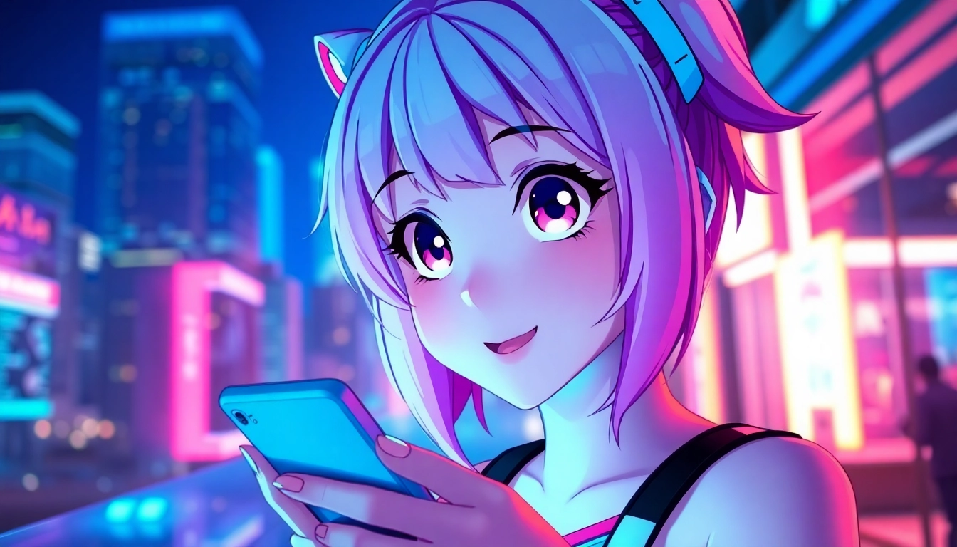 Anime-inspired character using a smartphone with a neon city background at night.