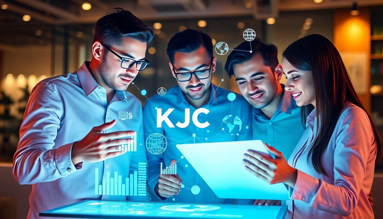 Dynamic KJC brand team strategizing digital marketing growth with vibrant visuals and global icons