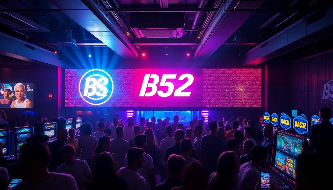 B52 club highlighted with neon lights in a lively nightlife setting, showcasing gaming tables and entertainment activities for brand visibility.