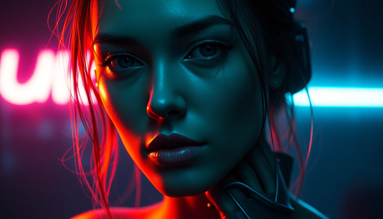 NSFW AI Generator scene: hyper-real neon-lit studio portrait of a digital companion.