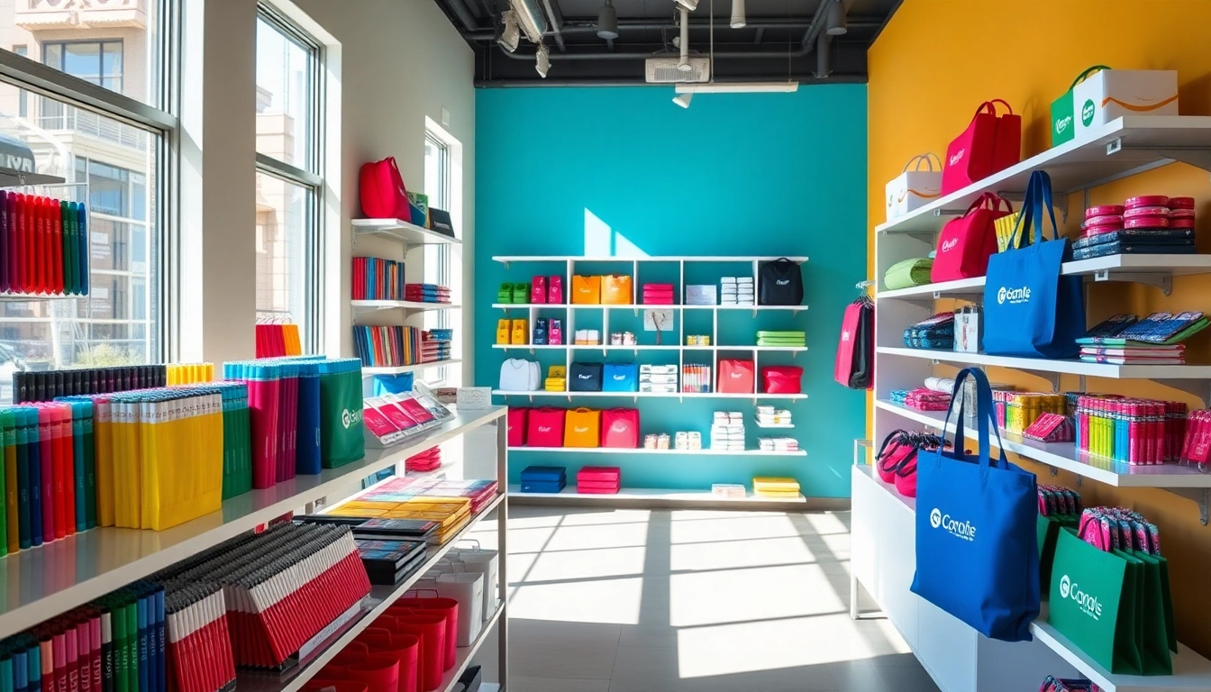 Vibrant display of promotional products in Louisville attracting small business owners and marketers