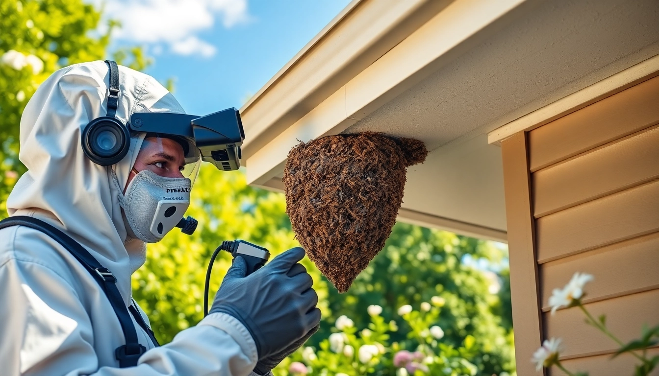 Pest control technician inspecting a wasp nest on a house eaves during late afternoon.