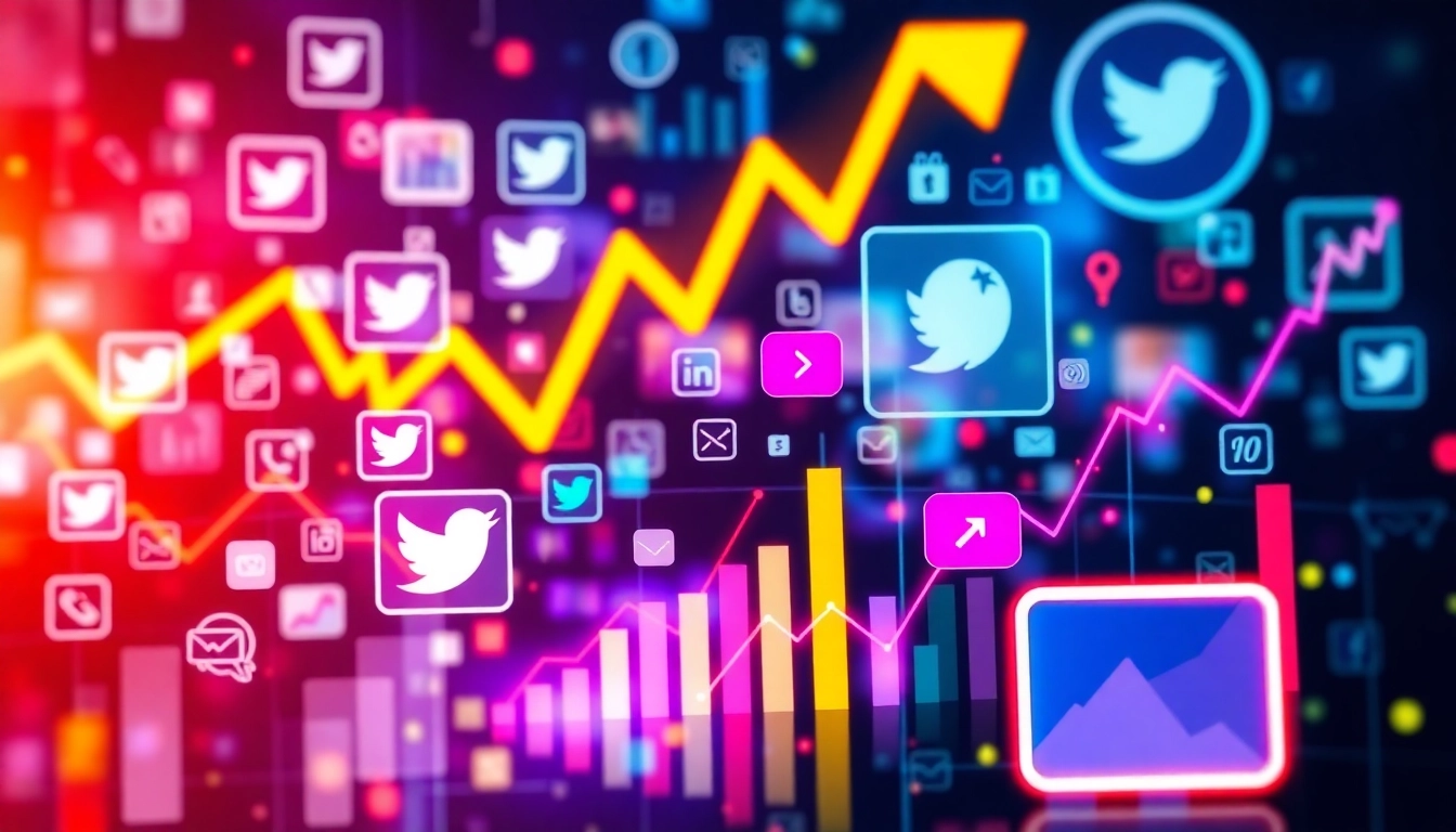 Visual representation of social network trend updates with icons and analytics charts for