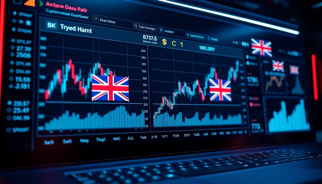 Cryptocurrency News UK Financial dashboard with crypto charts and UK flags in a futuristic style