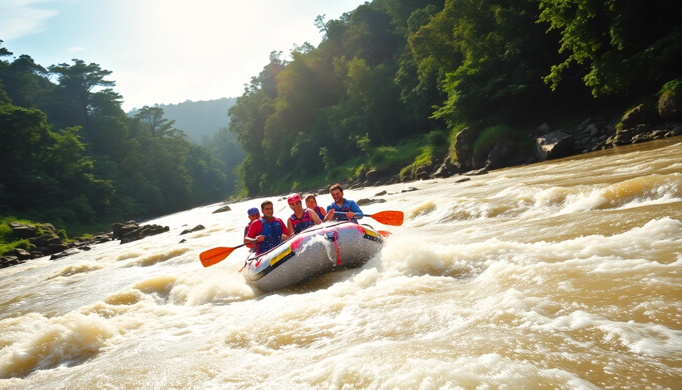 Dandeli River Rafting adventure showing a raft navigating wild rapids amidst green forest scenery