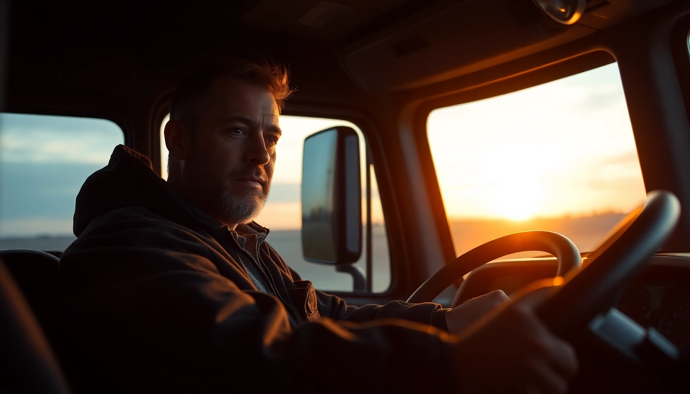 Truckers driving through scenic highway with sunrise background emphasizing professionalism and