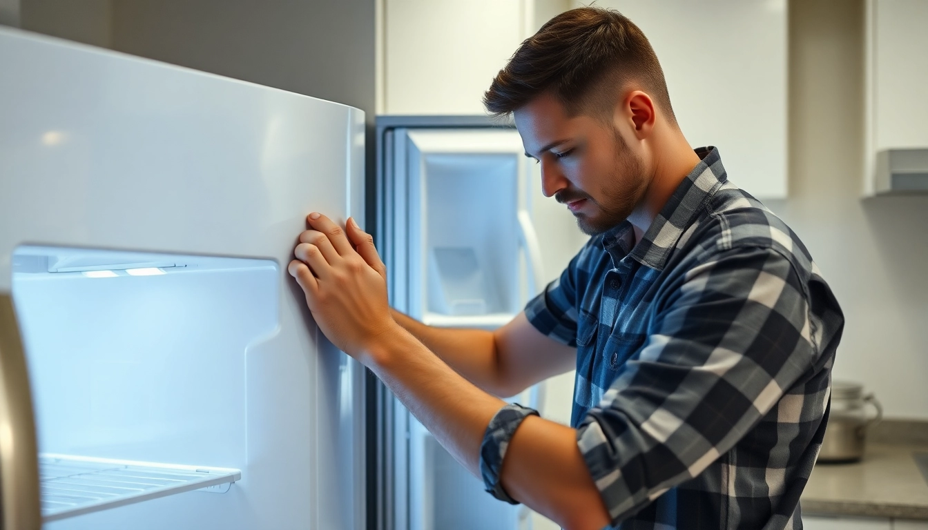 Reliable appliance repair Toronto technician repairing a fridge in a modern kitchen setting for