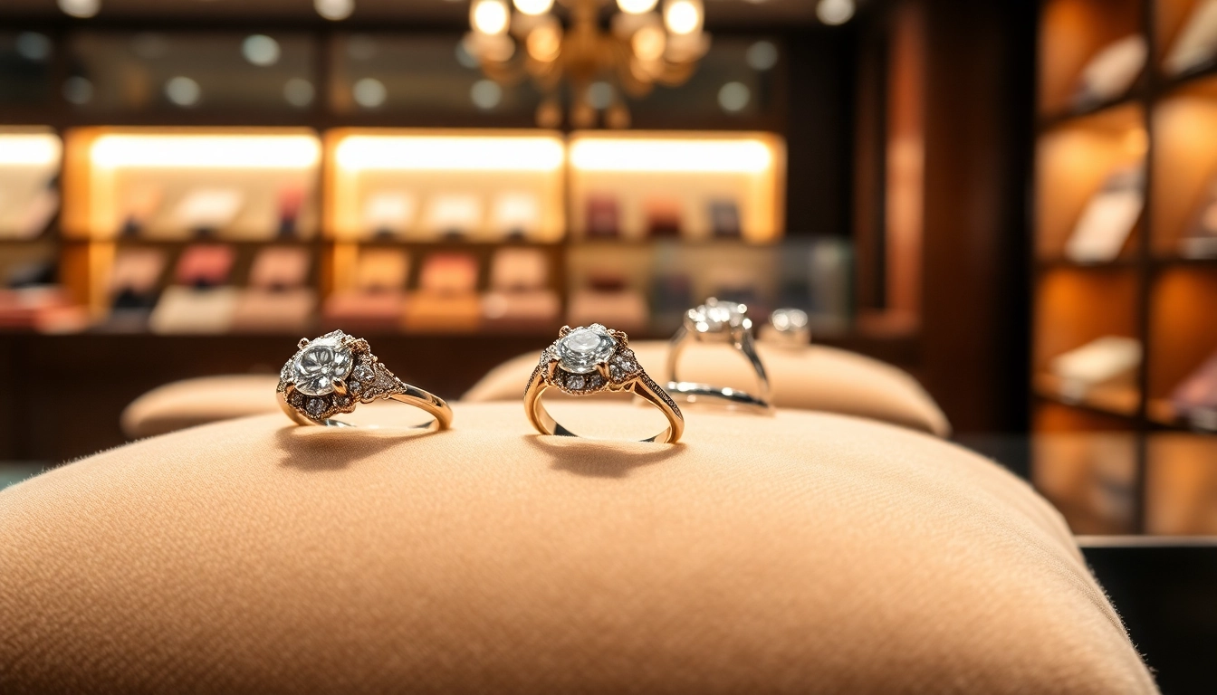 Showcase of stunning suzadetuviu ziedai Vilniuje with detailed close-up of diamond rings in a