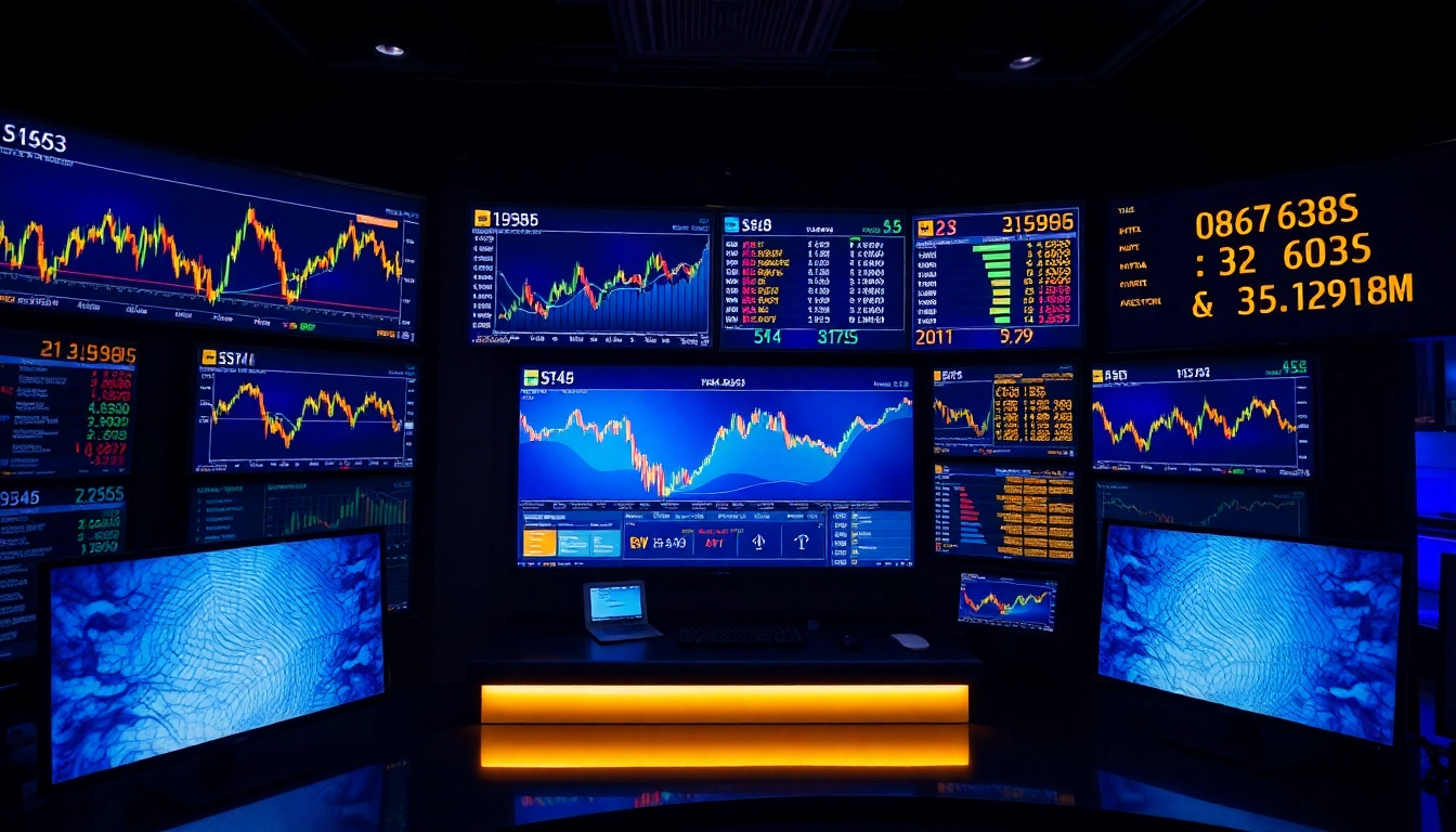 Trading News update with stock charts, gold prices, and financial data displayed on screens