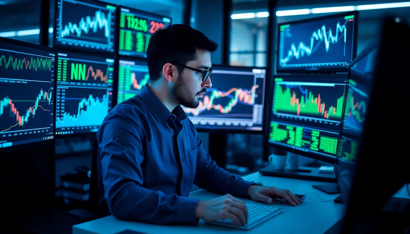 A trading and investment news analyst reviewing stock market data and digital charts on