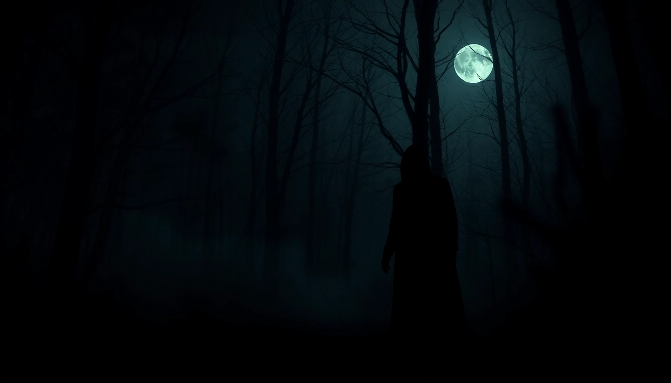 Thumbnail for a horror video showing a mysterious figure in a dark forest with haunting fog, designed to evoke suspense and curiosity for viewers seeking scary content.