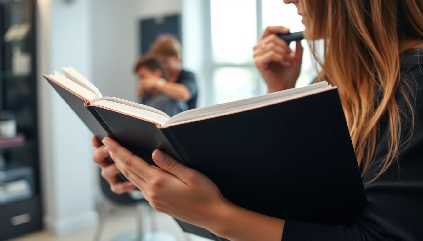 Hair cutting textbooks being used by a professional stylist to improve haircutting skills in a