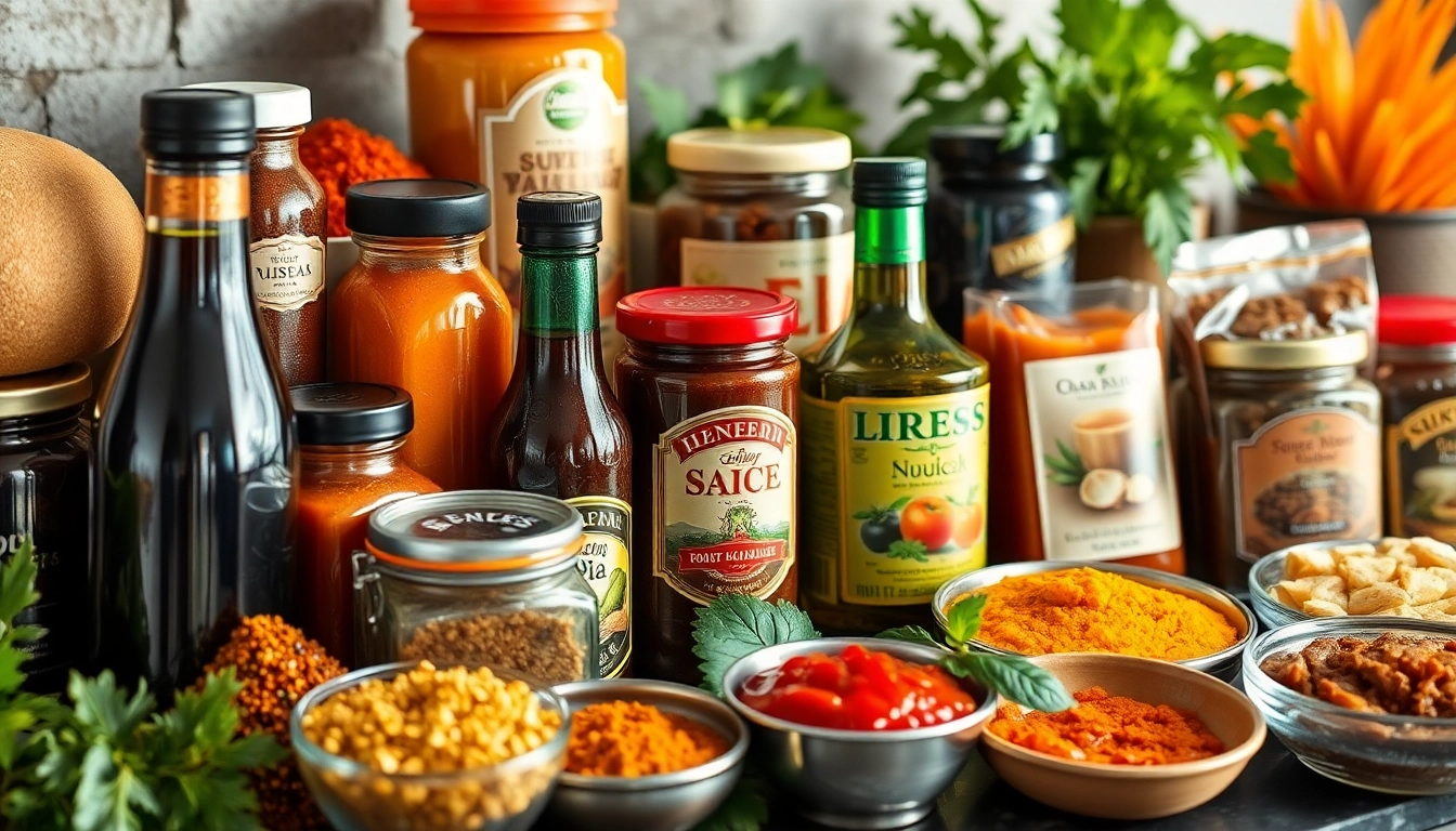 Photo of an array of spices, cooking pastes, chutneys, sauces, and ready-to-eat products from a