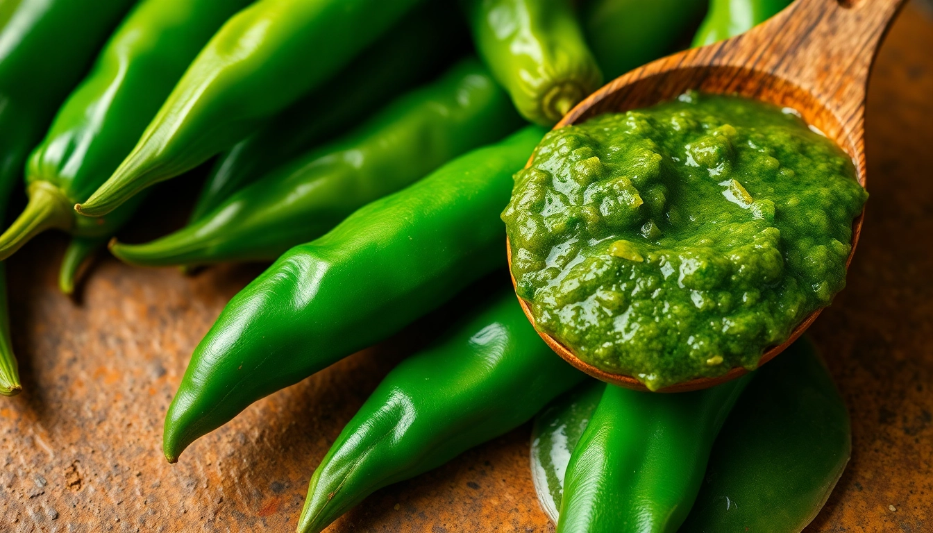 High-quality green chilli paste being prepared with fresh green chilies and spices, showcasing