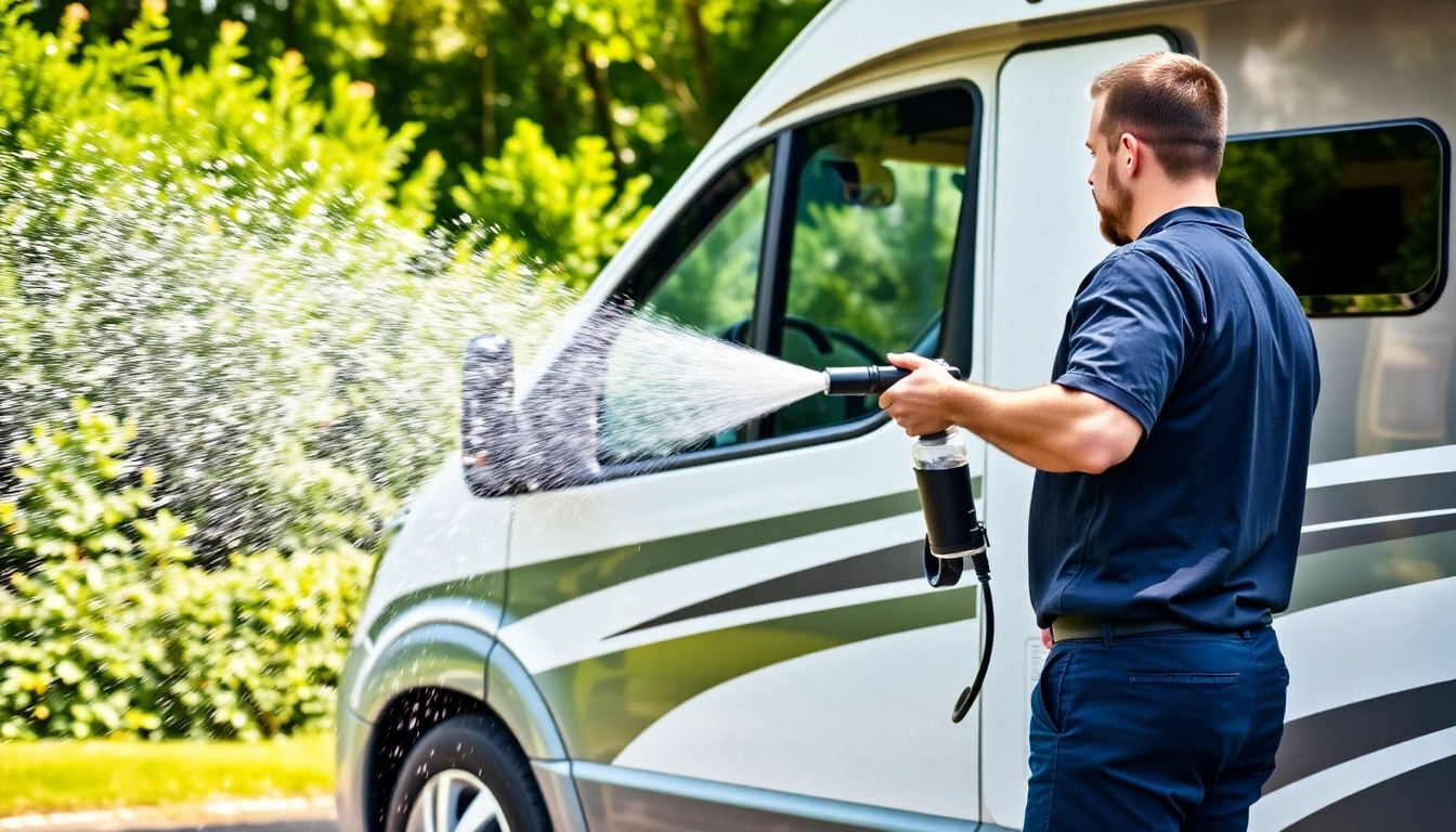 Efficient Wohnmobilreiniger in action cleaning a shiny motorhome with foam spray for easy
