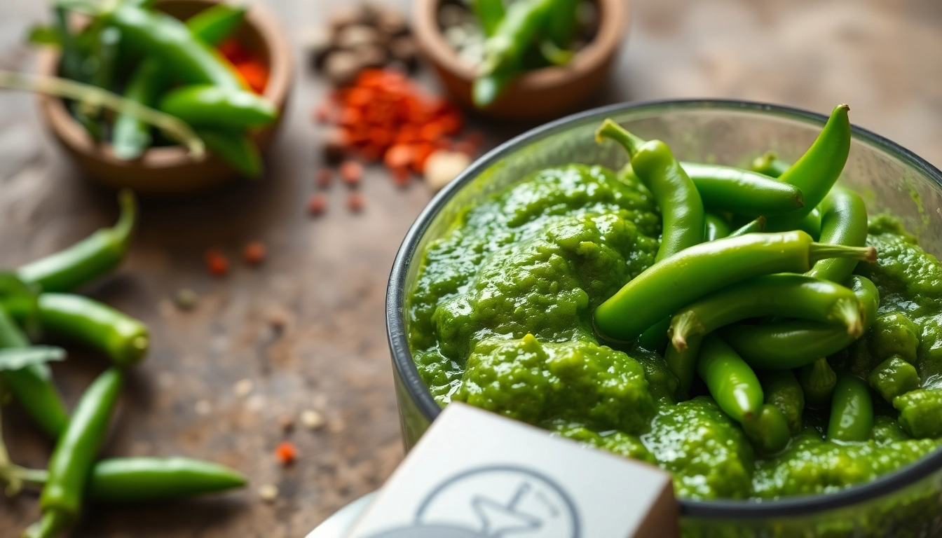 High-quality Green Chilli Paste captured with fresh chilies blending into a vibrant, flavorful